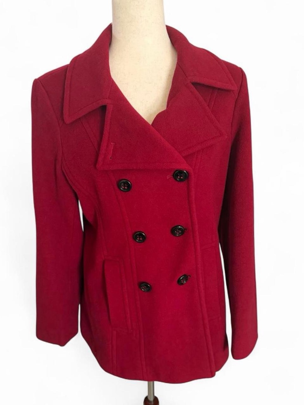 Vintage 90s Red Wool Blend Double Breasted Peacoat Medium Coat Retro Parisian